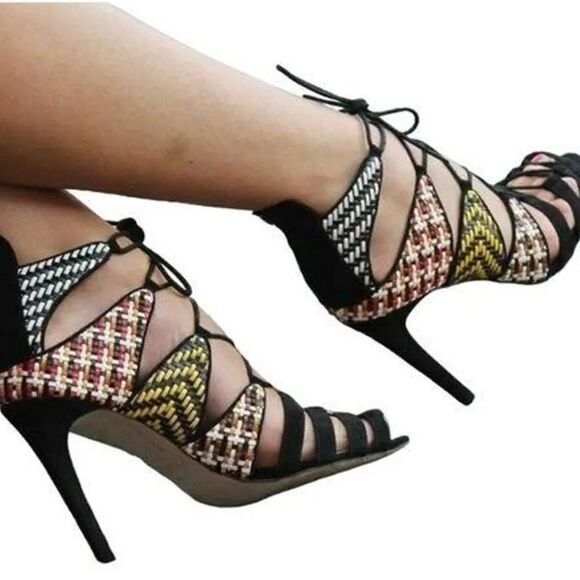 ZARA Sandal Strappy Black Faux Suede Woven Multicolor Stiletto Heel EUC sz 41 - Picture 1 of 9